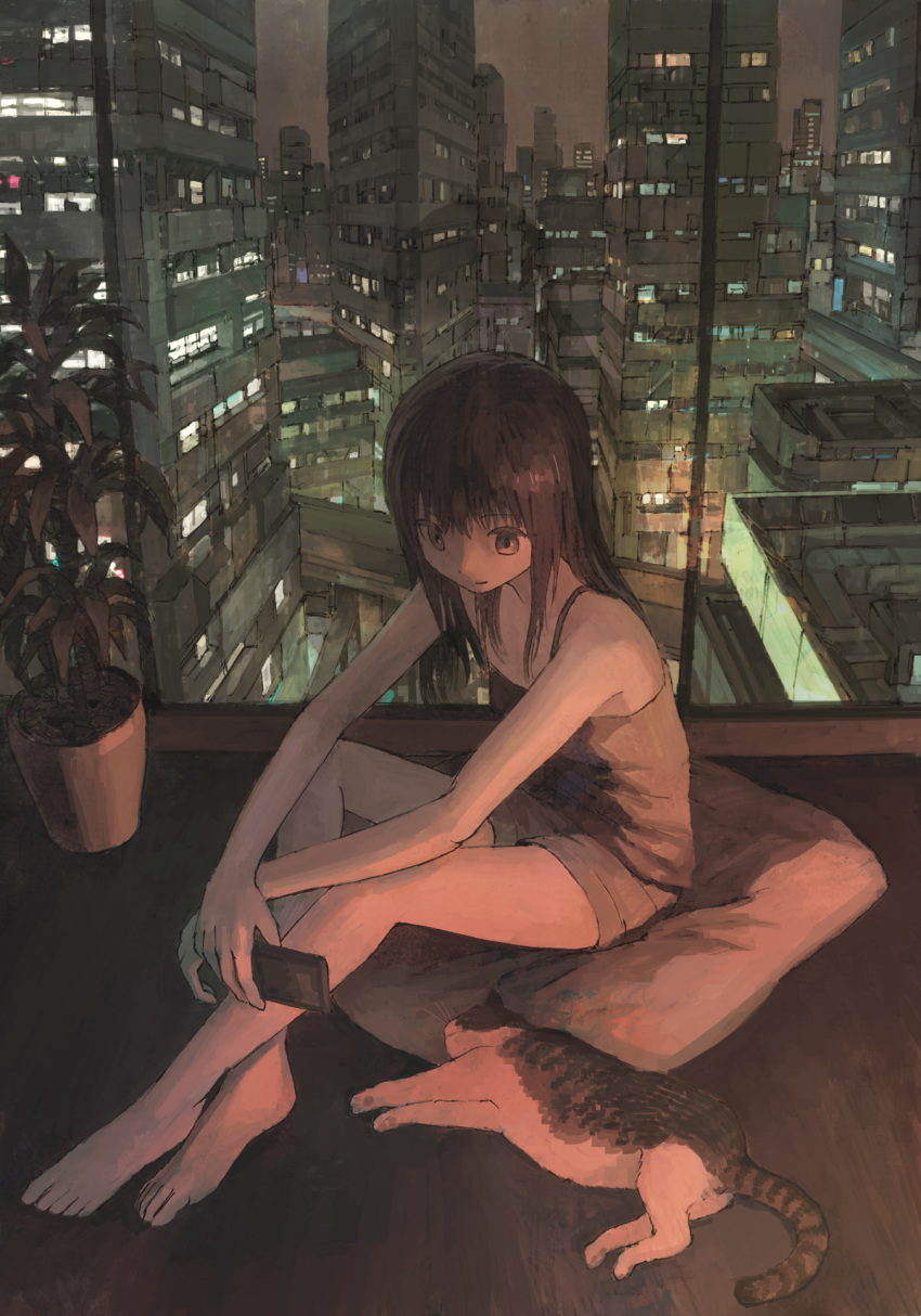 animal barefoot black_eyes black_hair brown_eyes brown_hair cat cellphone city cityscape colored_eyelashes commentary highres indoors long_hair night original phone plant potted_plant scenery shorts sitting smartphone smile tank_top tokunaga_akimasa window