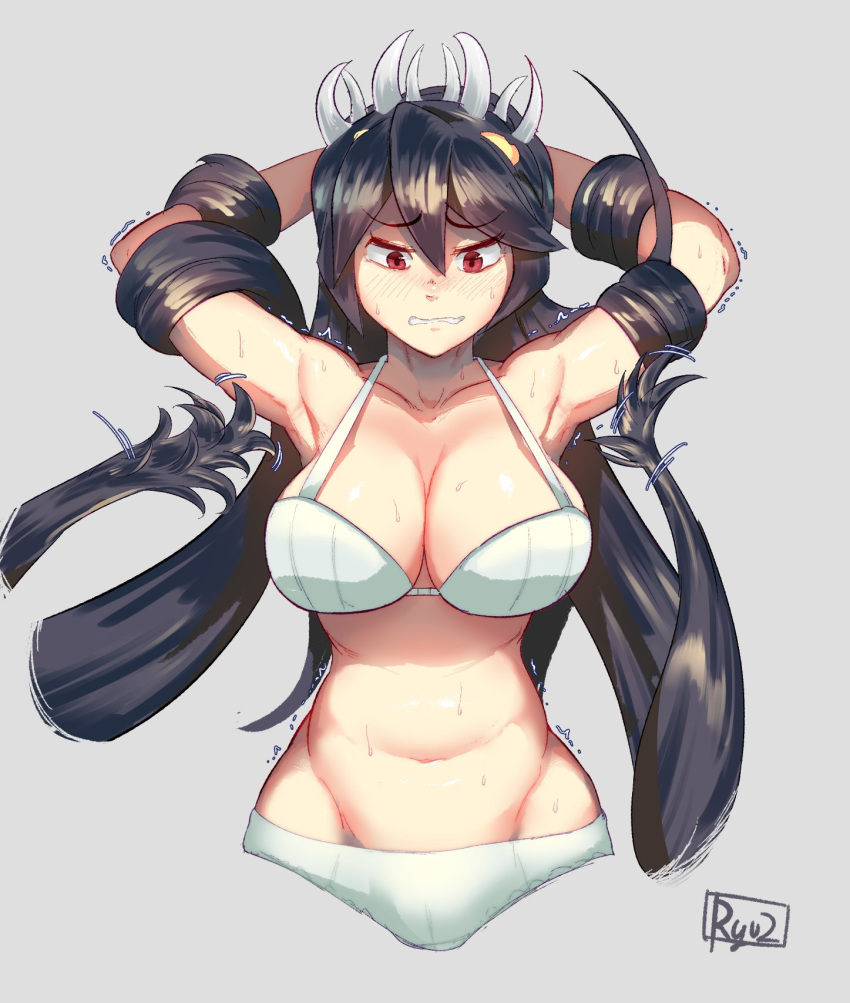 armpits arms_behind_head arms_up belly black_hair blush bra breasts cleavage clenched_teeth cowboy_shot cropped_legs filia_(skullgirls) grey_background grimace groin hair_between_eyes hair_bondage half-closed_eyes highres large_breasts long_hair looking_at_viewer navel panties prehensile_hair red_eyes restrained ryuji_(red-truth) samson_(skullgirls) sharp_teeth signature simple_background skullgirls slender_waist stomach sweat teeth tickling underwear underwear_only very_long_hair wavy_mouth white_bra white_panties