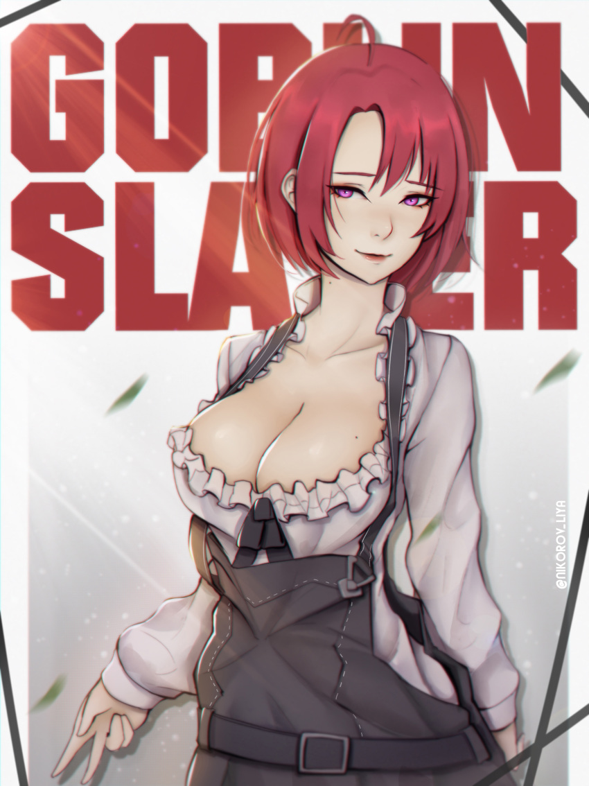 absurdres ahoge arm_behind_back bangs black_ribbon breasts cleavage collarbone commentary_request cow_girl_(goblin_slayer!) eyebrows_visible_through_hair frills goblin_slayer! highres large_breasts liya_nikorov overalls purple_eyes red_hair ribbon shirt short_hair solo v white_shirt