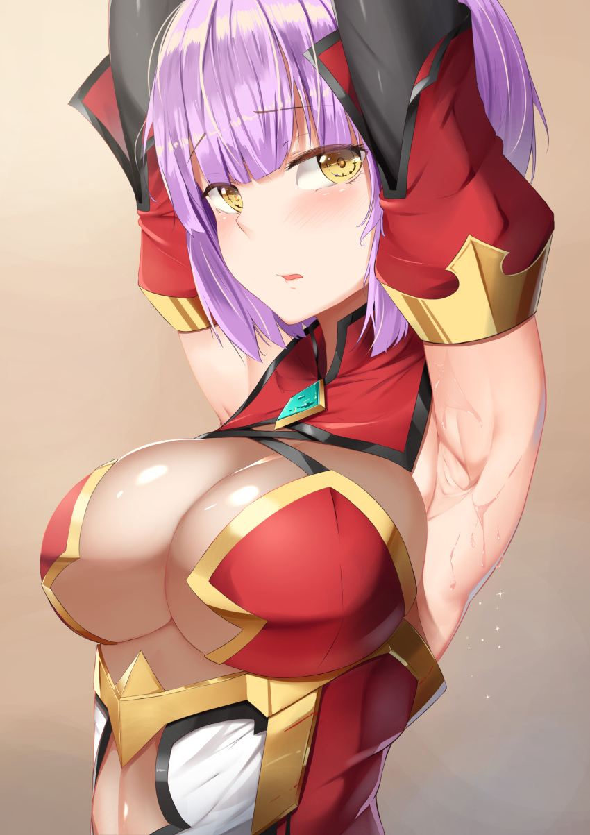 absurdres armpits arms_up bangs black_gloves blunt_bangs blush breasts commentary detached_sleeves elbow_gloves epic7 eyebrows_visible_through_hair gloves highres large_breasts lavender_hair looking_at_viewer mengo mercedes_(epic_seven) parted_lips see-through short_hair solo sweat upper_body yellow_eyes