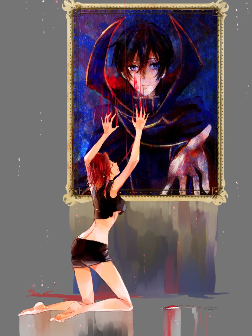 1girl abstract arms_up bare_arms bare_legs barefoot black_hair breasts closed_eyes code_geass crop_top crop_top_overhang highres ilohasvio kallen_stadtfeld kneeling lelouch_lamperouge midriff outstretched_hand painting_(object) purple_eyes red_hair short_hair shorts sideboob underboob