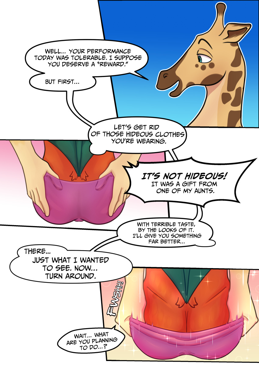 absurd_res anthro avian bird butt chicken comic digital_media_(artwork) duo english_text feathers galliform gallus_(genus) giraffe giraffid hi_res male male/male mammal nude phasianid simple_background text zaryuzu_73