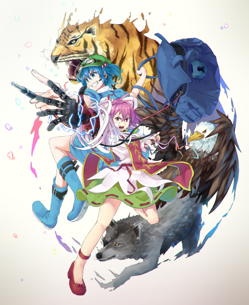 animal aqua_eyes backpack bag bandages battery belt bird blue_footwear blue_hair blue_shirt blue_skirt boots bow bun_cover cable chain cuffs double_bun eagle eyepatch goggles goggles_on_head green_skirt grin hair_between_eyes hair_bobbles hair_ornament headset highres ibaraki_kasen kawashiro_nitori lock looking_at_viewer mechanical_arm microphone miniskirt multiple_girls mumyuu outstretched_arms padlock pink_eyes pink_hair red_bow red_eyes red_footwear red_ribbon ribbon ribbon-trimmed_skirt ribbon_trim rubber_boots serious shirt shoe_bow shoes short_sleeves skirt smile tabard teeth tiger touhou white_shirt wolf yellow_eyes