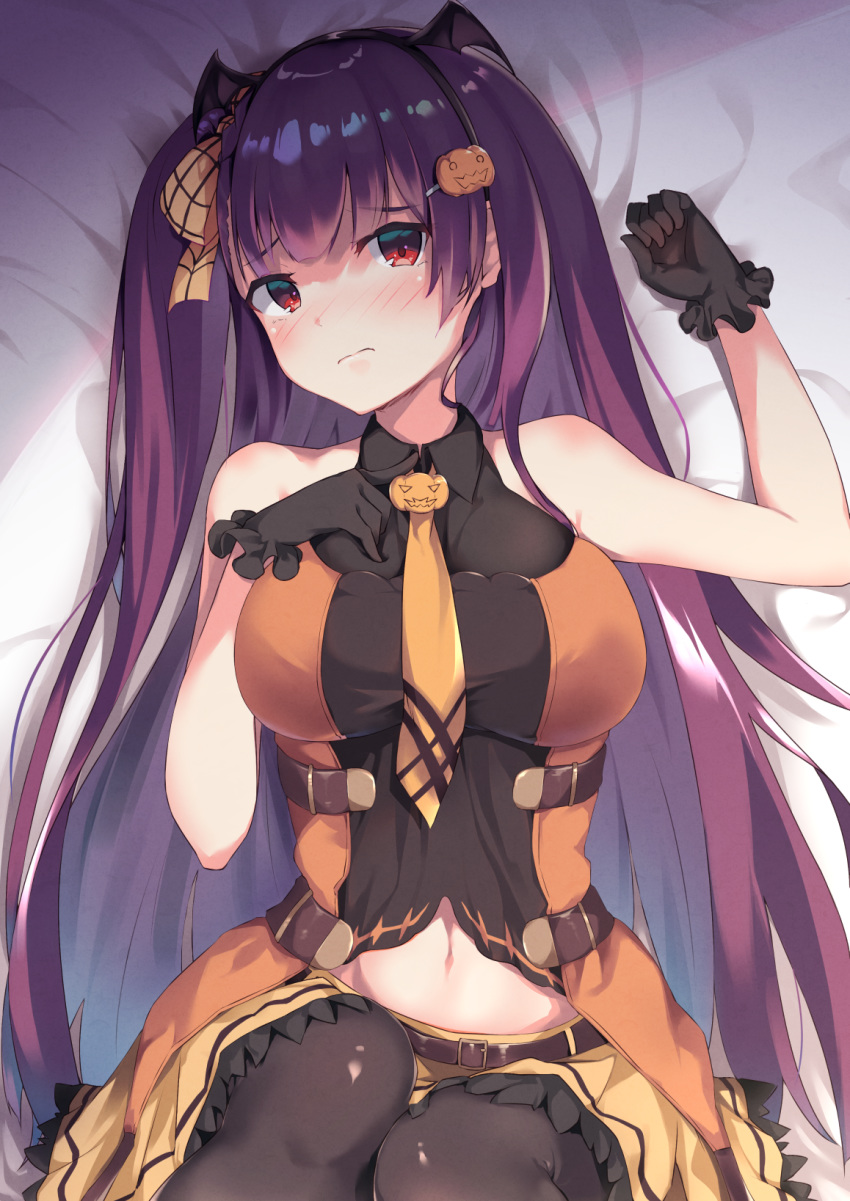 arm_up bangs bat_hair_ornament belt black_gloves black_legwear blush breasts bushinofuji closed_mouth commentary_request dress eyebrows_visible_through_hair food_themed_hair_ornament girls_frontline gloves hair_ornament hair_ribbon hairband half_updo halloween hand_on_own_chest highres knees_up large_breasts legs_together long_hair looking_at_viewer lying necktie on_back one_side_up orange_neckwear pantyhose pumpkin_hair_ornament purple_hair red_eyes ribbon skirt sleeveless solo very_long_hair wa2000_(girls_frontline)