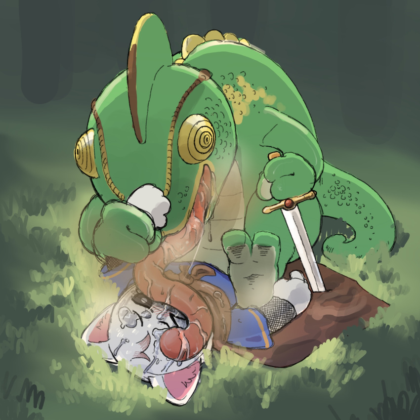 &gt;_o 1:1 2025 3_fingers 4_fingers ambiguous_anthro ambiguous_feral ambiguous_gender anthro back_ridge biped black_eyebrows black_sclera blue_clothing blue_topwear blush blush_lines bodily_fluids breath bulging_eyes chainmail chameleon clothed clothed_ambiguous clothed_anthro clothing countershade_feet countershade_hands countershade_scales countershading curling_tail day demitasu digital_media_(artwork) drooling duo ears_up excessive_saliva eyebrows face_lick feet felid feline felis feral fingers fur glistening glistening_arms glistening_bodily_fluids glistening_body glistening_hands glistening_saliva glistening_scales glistening_tongue grass grass_field green_arms green_body green_face green_feet green_hands green_scales green_tail head_tuft hi_res holding_another holding_another's_arm holding_arm holding_melee_weapon holding_object holding_sword holding_weapon inner_ear_fluff japanese_description kerchief larger_ambiguous larger_feral licking lizard long_tongue lying lying_on_ground mammal melee_weapon monotone_arms monotone_body monotone_face monotone_fur monotone_hands nature nature_background neckerchief neckwear nose_blush on_back on_ground one_eye_closed one_eye_partialy_closed open_mouth outside panther_chameleon pink_inner_ear pink_inner_ear_fluff pinned pinned_by_body pinned_by_crotch pinned_to_ground plant pointy_ears prick_ears quadruped red_blush red_kerchief red_neckerchief red_tongue reptile ringed_eyes saliva saliva_on_clothes saliva_on_clothing saliva_on_face saliva_on_tongue saliva_string scales scalie shaded sitting_on_another size_difference smaller_ambiguous smaller_anthro soft_shading steamy_breath sword sword_in_ground tail tan_body tan_countershading tan_feet tan_hands tan_scales tapering_tail tongue tongue_on_face tongue_out topwear tuft two_tone_feet two_tone_hands ventral_scales weapon white_body white_eyes white_face white_fur white_hands yellow_sclera