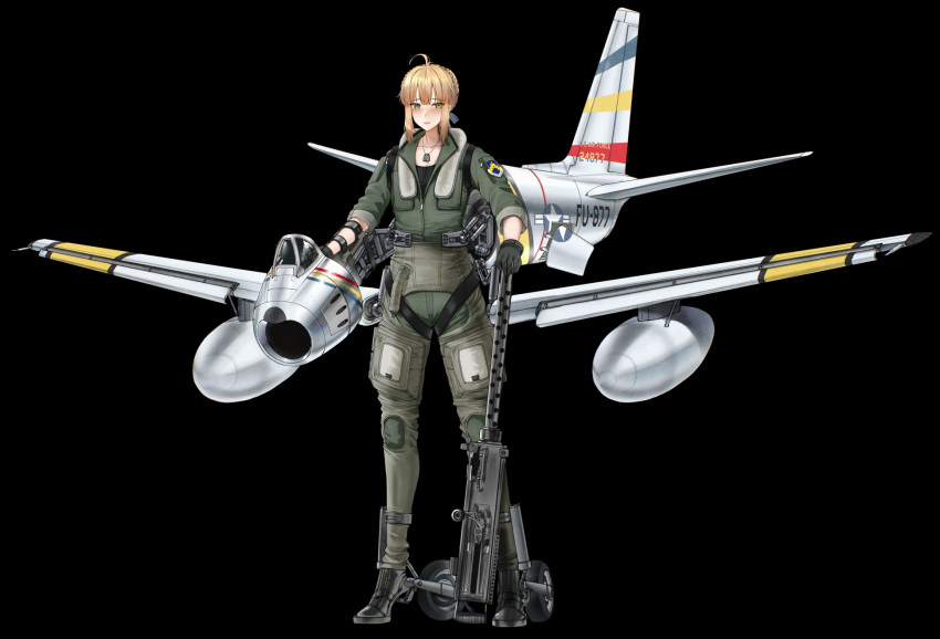 1girl ahoge aircraft airplane artoria_pendragon_(fate) black_background blonde_hair braid braided_bun browning_m2 bun_with_braided_base commentary commission external_fuel_tank f-86_sabre fate_(series) fighter_jet flight_suit full_body g-suit green_eyes green_jumpsuit gun hair_bun heavy_machine_gun highres jumpsuit kitsune_udon_(qtsuneudon) looking_at_viewer machine_gun mecha_musume military_vehicle name_connection original personification pun saber_(fate) short_hair simple_background solo weapon wings