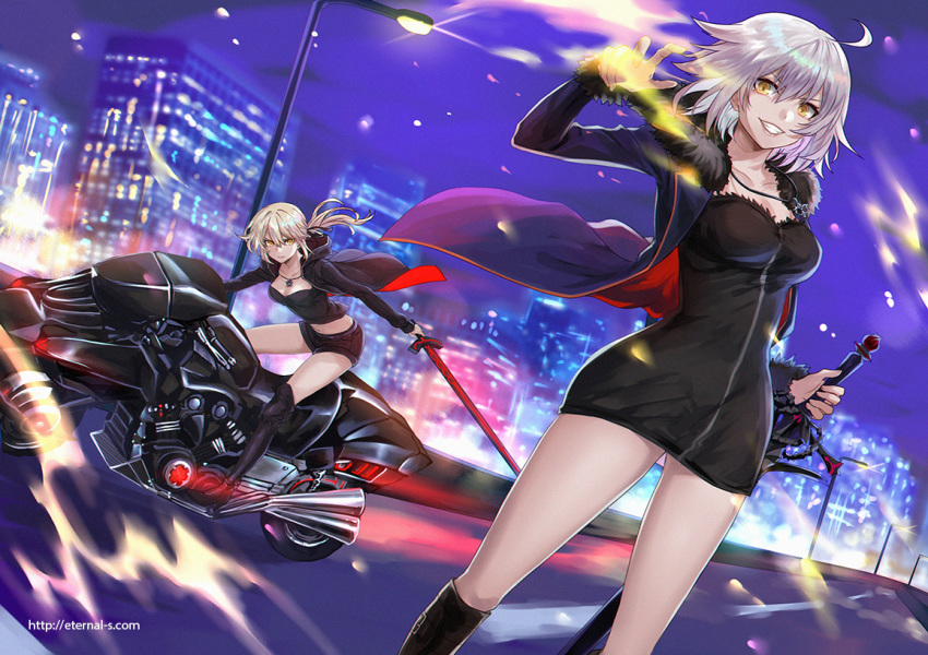 ahoge artoria_pendragon_(all) bad_id bad_pixiv_id black_dress black_footwear black_ribbon black_shorts blonde_hair board_game boots breasts city_lights cityscape coat commentary_request dress eyebrows_visible_through_hair fate/grand_order fate_(series) full-length_zipper fur-trimmed_coat fur_trim ground_vehicle high_heel_boots high_heels highway jeanne_d'arc_(alter)_(fate) jeanne_d'arc_(fate)_(all) jewelry knee_boots large_breasts motor_vehicle motorcycle multiple_girls necklace night night_sky ribbon saber_alter short_dress shorts silver_hair sky skyline sword ten-chan_(eternal_s) weapon wicked_dragon_witch_ver._shinjuku_1999 yellow_eyes zipper