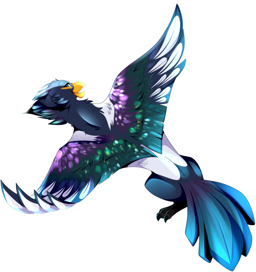 alpha_channel ambiguous_gender avian azukipuddles beak bird blue_eyes feathered_wings feathers gryphon looking_back pinklady simple_background solo spread_wings transparent_background tuft wings yellow-billed_magpie yellow_beak