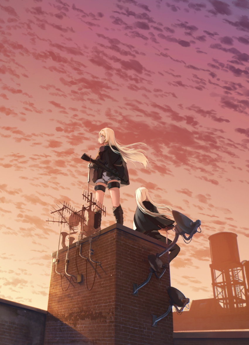 an-94 an-94_(girls_frontline) assault_rifle black_legwear blonde_hair blurry brick_wall cape cloud depth_of_field from_below gan-viking girls_frontline gun highres ladder long_hair looking_afar rifle rooftop satellite_dish shorts sidelocks sitting sky standing sunlight sunset thigh_strap weapon wind