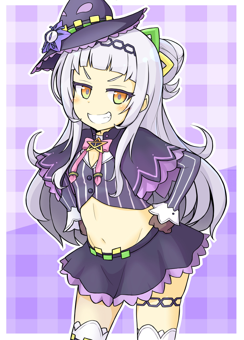 absurdres blush capelet commentary_request crop_top gloves goodsun_sunkumi grin hair_bun hair_ornament hat highres hololive lavender_hair long_hair looking_at_viewer midriff murasaki_shion navel ribbon smile star virtual_youtuber witch_hat yellow_eyes