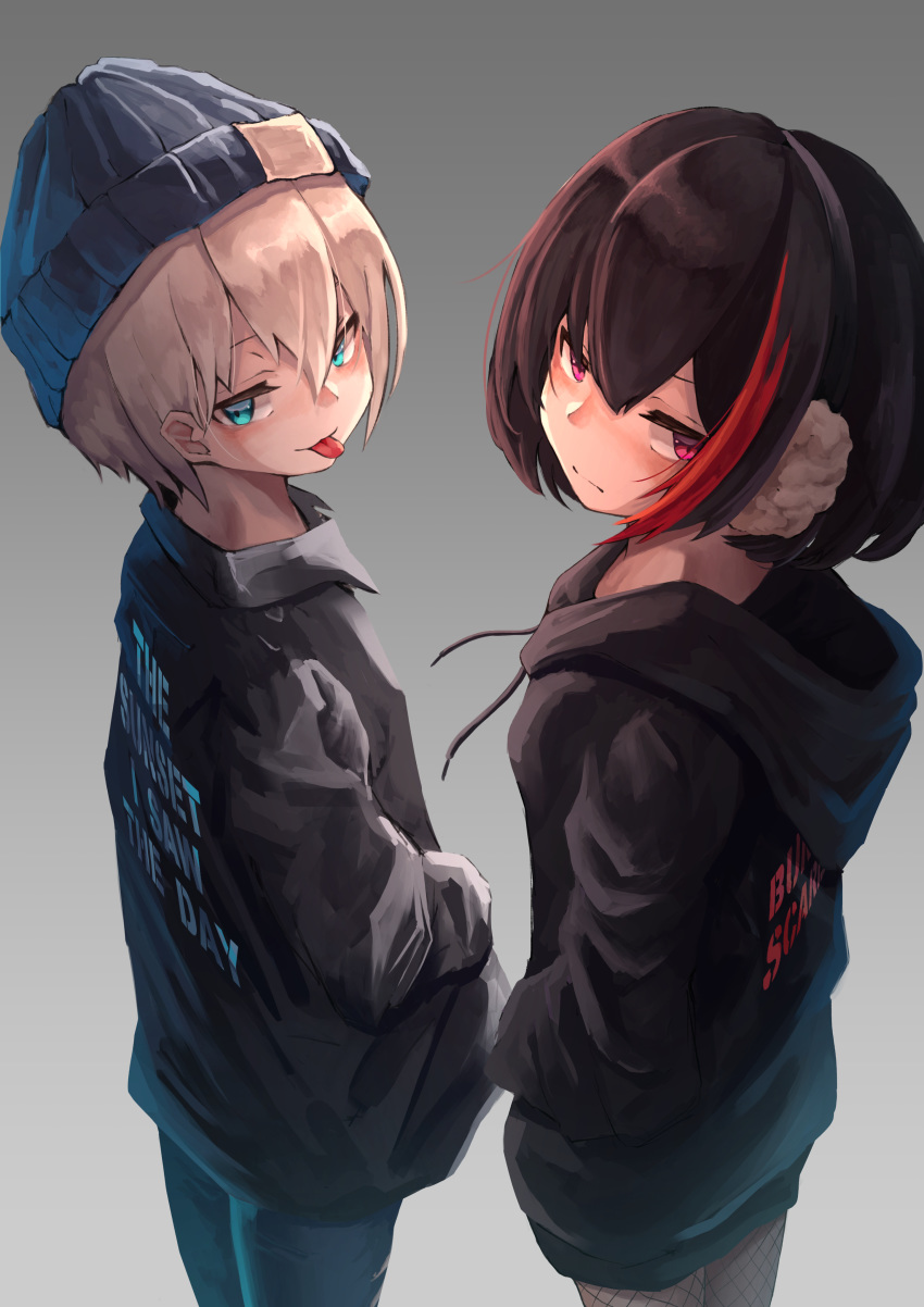 :p absurdres aoba_moka bang_dream! bangs beanie black_hair black_hoodie black_jacket blue_eyes blue_hat bob_cut clothes_writing drawstring earrings fishnet_pantyhose fishnets from_behind frown grey_background grey_hair hands_in_pockets hat highres hood hood_down jacket jewelry looking_at_viewer looking_back mitake_ran multicolored_hair multiple_girls pants pantyhose purple_eyes short_hair streaked_hair tongue tongue_out yako_mashiro