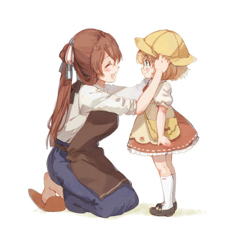 apron bag blonde_hair brown_hair check_commentary closed_eyes commentary commentary_request g36_(girls_frontline) girls_frontline glasses hair_ribbon happy hat highres kindergarten_uniform m1903_springfield_(girls_frontline) mary_janes motherly multiple_girls ponytail ribbon school_bag school_hat shoes shuzi slippers smile socks white_background younger