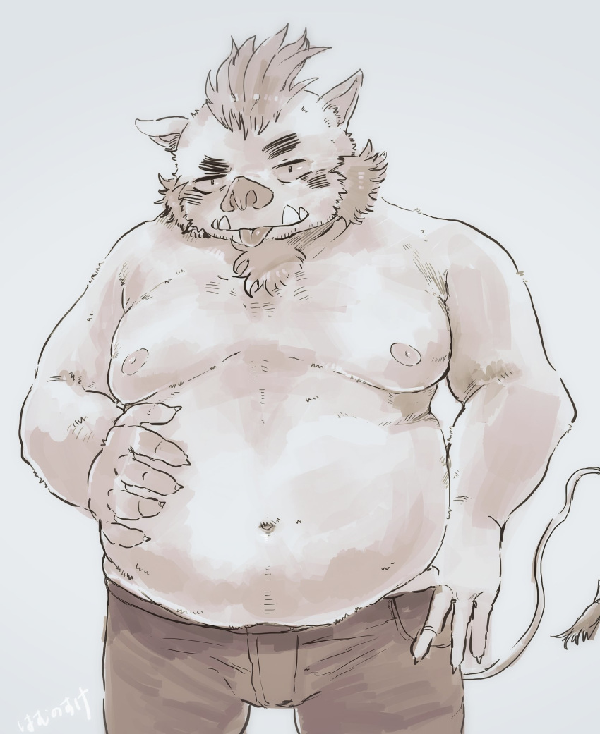 2018 anthro belly boar clothing gouryou hamuga86 humanoid_hands male mammal mohawk moobs navel nipples overweight overweight_male pants porcine simple_background solo tokyo_afterschool_summoners tongue tongue_out