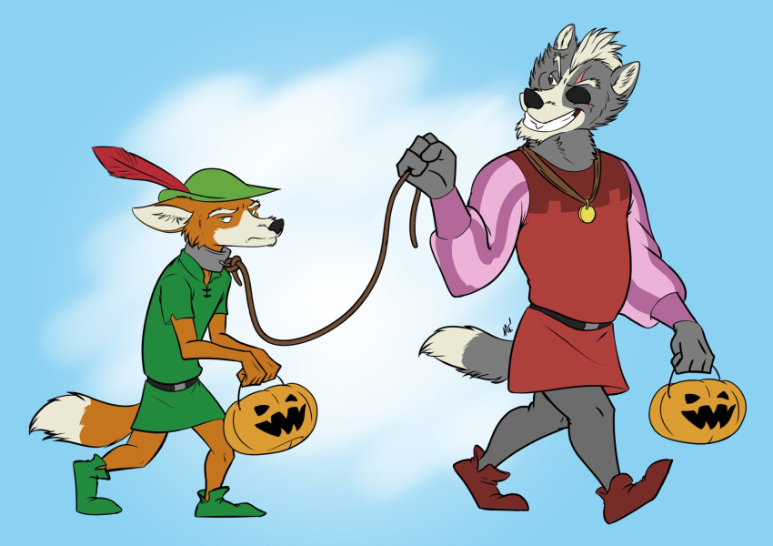 amonomega anthro canine clothed clothing cosplay disney duo food fox fox_mccloud fruit fully_clothed leash male mammal nintendo pumpkin robin_hood robin_hood_(disney) sheriff_of_nottingham star_fox video_games wolf wolf_o'donnell