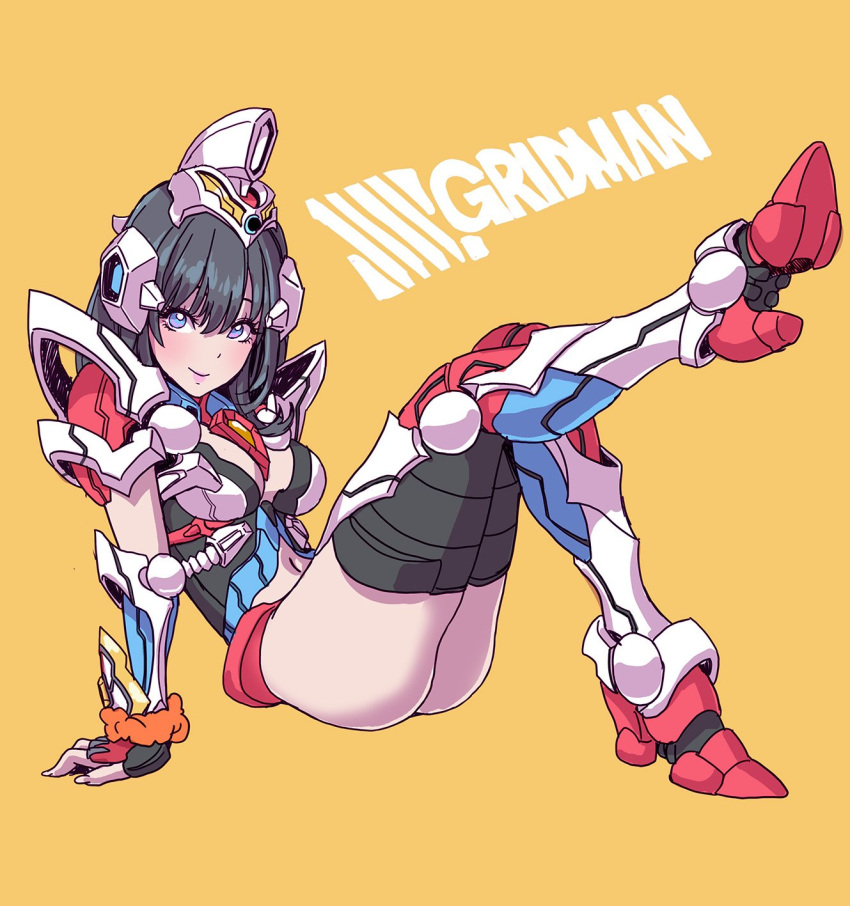 arm_support armor armored_boots ass bangs black_gloves black_hair black_legwear blue_eyes blush boots breasts cleavage closed_mouth commentary_request copyright_name cosplay eyebrows_visible_through_hair fingerless_gloves gloves gridman_(ssss) gridman_(ssss)_(cosplay) headgear highres leg_up long_hair looking_at_viewer mecha_musume navel navel_cutout orange_scrunchie pauldrons scrunchie simple_background sitting smile solo ssss.gridman takarada_rikka thighhighs thighs vambraces white_armor wrist_scrunchie yamashita_shun'ya yellow_background