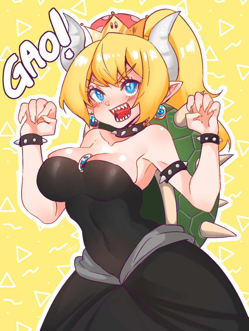 bare_shoulders black_collar black_dress blonde_hair blue_eyes blush bowsette bracelet breasts cleavage collar covered_navel cowboy_shot crown dress eyebrows_visible_through_hair fingernails hands_up highres hkoo horns jewelry large_breasts long_hair mario_(series) new_super_mario_bros._u_deluxe onomatopoeia pointy_ears ponytail romaji sharp_fingernails sharp_teeth solo spiked_armlet spiked_bracelet spiked_collar spiked_shell spikes strapless strapless_dress super_crown teeth translated turtle_shell