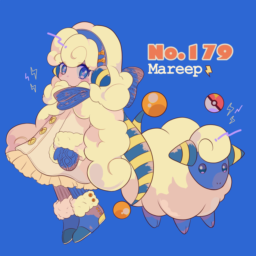 blue_background blue_eyes blue_footwear bow character_name earmuffs eyes_visible_through_hair full_body fur_trim gen_2_pokemon hat highres lightning_bolt long_hair long_sleeves looking_at_viewer mameeekueya mareep mittens moemon orange_bow personification poke_ball pokemon pokemon_(creature) pokemon_number sheep shoes simple_background standing white_hat