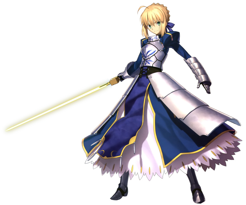 1girl ahoge armor armored_boots armored_dress artoria_pendragon_(all) blonde_hair blue_ribbon boots eyebrows_visible_through_hair fate/grand_order fate/stay_night fate_(series) full_body green_eyes grey_footwear hair_ribbon holding holding_sword holding_weapon looking_at_viewer metal_boots official_art ribbon saber short_hair_with_long_locks sidelocks simple_background solo standing sword takeuchi_takashi weapon white_background