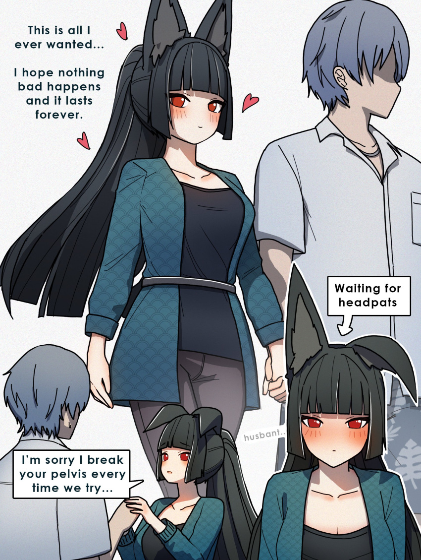 1boy 1girl absurdres black_hair blush breasts dorahdew english_text green_shirt grey_hair heart highres holding_hands hoshimi_miyabi husband_and_wife large_breasts long_hair looking_at_viewer ponytail red_eyes shirt short_hair speech_bubble white_shirt wise_(zenless_zone_zero) zenless_zone_zero