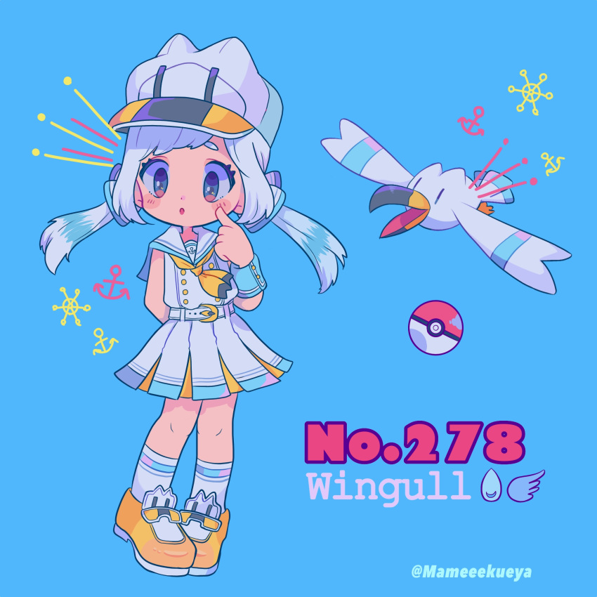anchor aqua_background arm_behind_back ascot bangs belt blush character_name english finger_to_cheek full_body gen_3_pokemon hat highres long_hair mameeekueya moemon open_mouth personification poke_ball pokemon pokemon_(creature) pokemon_number sailor_collar shoes simple_background standing twintails twitter_username white_belt white_hair white_hat wings wingull yellow_footwear yellow_neckwear