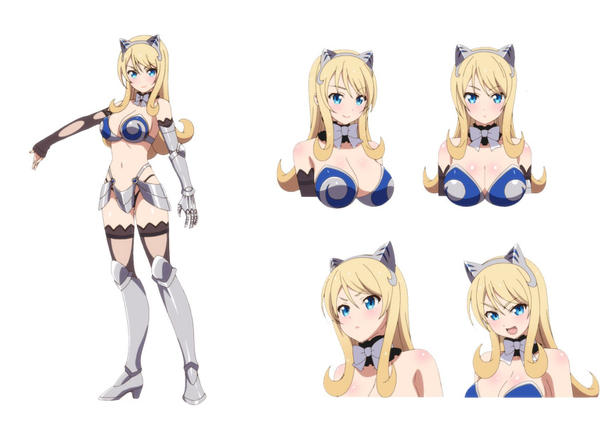 1girl armor bikini_armor blonde_hair blue_eyes blush breasts character_sheet elina female green_eyes highres large_breasts long_hair multiple_views queen's_blade queen's_blade_unlimited solo thong