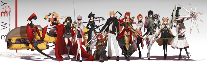 6+girls alternate_costume alternate_hair_length alternate_hairstyle alternate_universe animal_ears blake_belladonna boots breasts cat_ears cleavage commentary cyborg dishwasher1910 eyewear_on_head fighting_stance gun handgun hat high_heels highres hover_bike izetta_arc jaune_arc katana large_breasts lie_ren medium_breasts multiple_boys multiple_girls neo_(rwby) nora_valkyrie older parasol penny_polendina pistol prosthesis prosthetic_arm prosthetic_leg pyrrha_nikos rapier rifle ruby_rose rwby science_fiction siblings sisters submachine_gun sunglasses sword umbrella weapon weiss_schnee yang_xiao_long