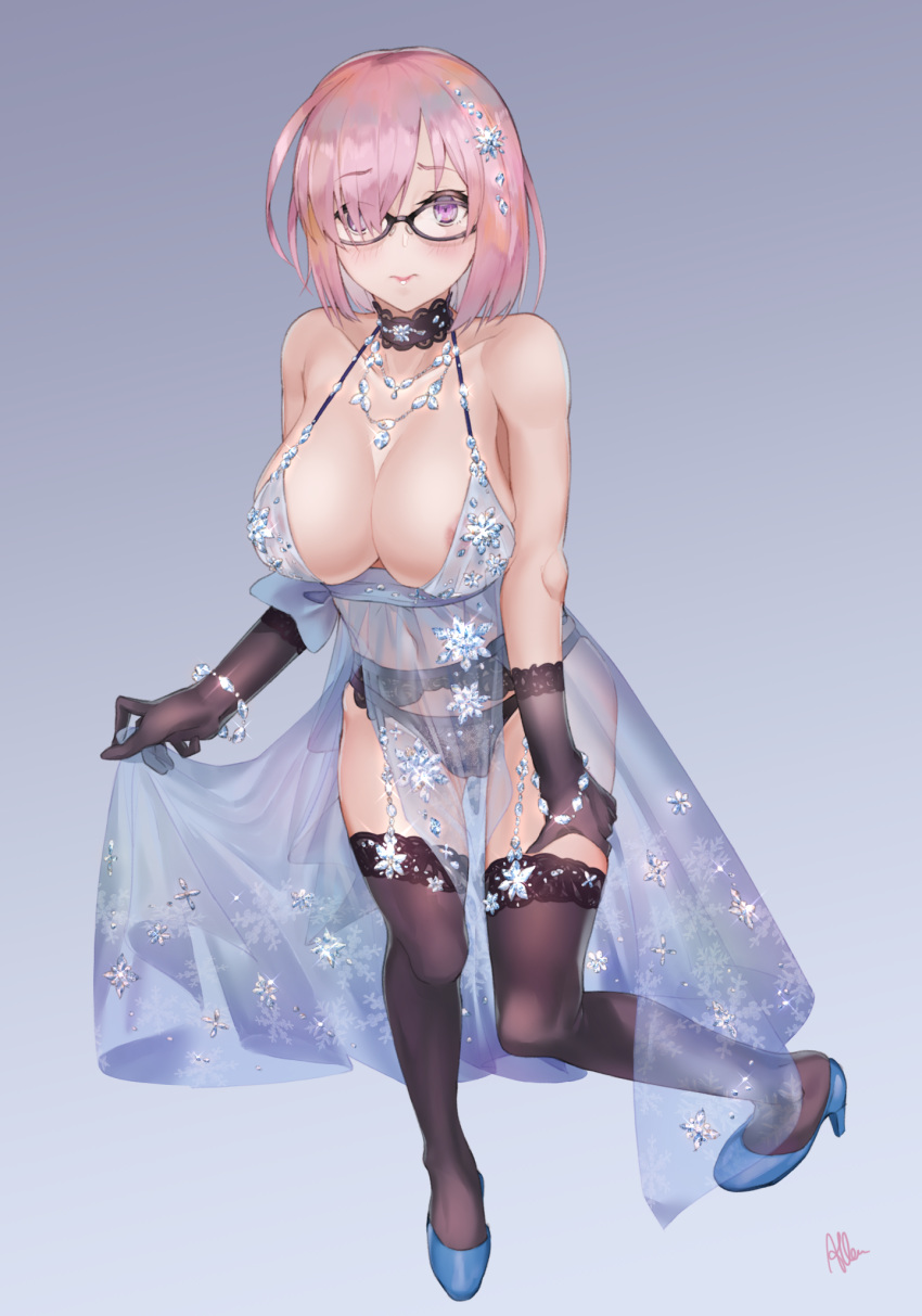 albreo areola_slip areolae artoria_pendragon_(all) artoria_pendragon_(lancer_alter) artoria_pendragon_(lancer_alter)_(cosplay) bare_shoulders black_gloves black_panties blue_background blush breasts collarbone commentary cosplay fate/grand_order fate_(series) glasses gloves gradient gradient_background high_heels highres large_breasts looking_at_viewer mash_kyrielight panties purple_eyes purple_hair royal_icing solo underwear