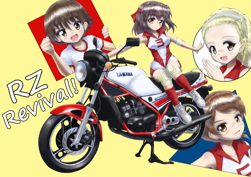 :d absurdres bangs blonde_hair blush brown_eyes brown_hair clenched_hand commentary_request cross-laced_footwear daxz240r elbow_pads english eyebrows_visible_through_hair girls_und_panzer ground_vehicle gym_shirt gym_uniform hair_pulled_back hairband hands_together headband highres inset isobe_noriko kawanishi_shinobu knee_pads kondou_taeko leaning_to_the_side logo long_hair looking_at_viewer motor_vehicle motorcycle multiple_girls open_mouth parted_lips red_headband red_legwear red_shirt red_shorts sasaki_akebi shirt shoes short_hair short_ponytail short_shorts short_sleeves shorts single_vertical_stripe sitting sleeveless sleeveless_shirt smile sneakers socks sportswear swept_bangs t-shirt volleyball_uniform white_footwear white_hairband white_shirt yamaha yamaha_rz250 yellow_background