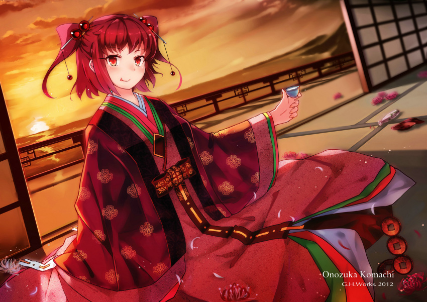 2012 alternate_costume artist_name blush bottle character_name cup dutch_angle flower g.h_(gogetsu) hair_bobbles hair_ornament highres holding holding_cup horizon indoors japanese_clothes kimono licking_lips long_sleeves looking_at_viewer on_floor onozuka_komachi orange_sky outstretched_arm red_eyes red_hair red_kimono sakazuki sake_bottle sash sitting sky sliding_doors smile solo spider_lily sunset tongue tongue_out touhou two_side_up wide_sleeves