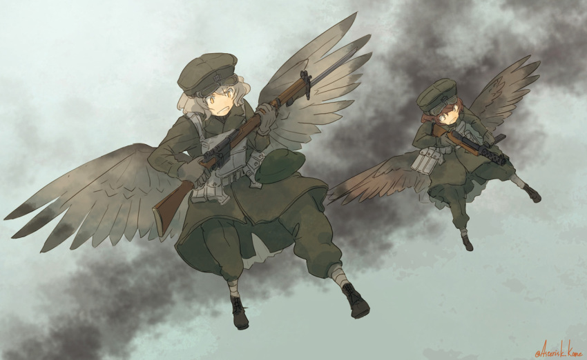 ammunition_pouch asterisk_kome bayonet blonde_hair boots flying gloves goggles goggles_on_headwear gun hat helmet lanchester_smg military military_uniform multiple_girls original pouch rifle short_hair signature sky smoke submachine_gun uniform weapon weapon_request winged_fusiliers wings