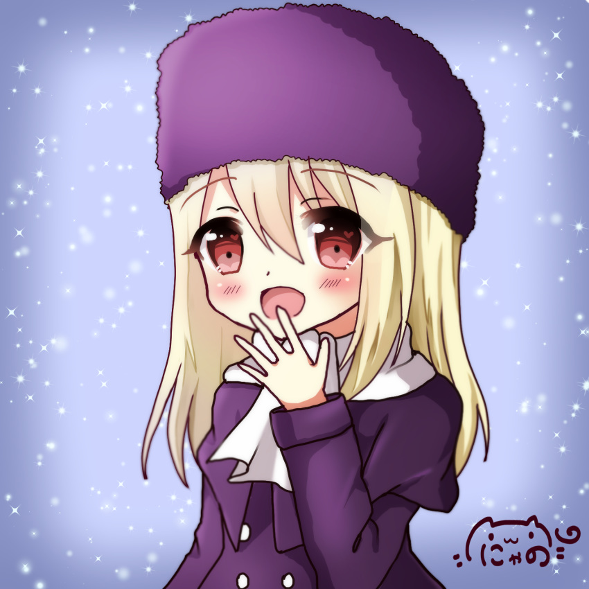 :d bangs blonde_hair blush commentary_request dress eyebrows_visible_through_hair fate/stay_night fate_(series) fur_hat hair_between_eyes hand_up hat heart heart_in_eye highres illyasviel_von_einzbern long_hair looking_at_viewer nyano21 open_mouth purple_capelet purple_dress purple_hat red_eyes scarf signature smile solo symbol_in_eye white_scarf