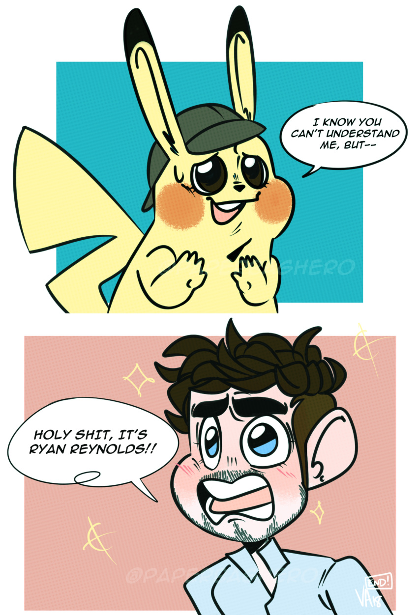 2018 black_nose blue_eyes blush brown_eyes brown_hair clothed clothing detective_pikachu dialogue digital_drawing_(artwork) digital_media_(artwork) english_text facial_hair hair hat hi_res human humor jacksepticeye male mammal mostly_nude nintendo open_mouth open_smile paperbaghero pikachu pok&eacute;mon pok&eacute;mon:_detective_pikachu pok&eacute;mon_(species) profanity raised_inner_eyebrows red_cheeks smile sparkles speech_bubble sweat text video_games watermark yellow_body