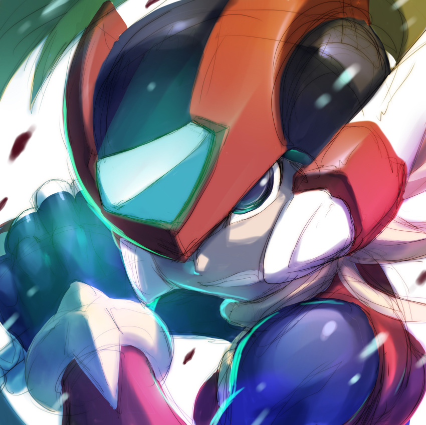 absurdres android black_eyes blonde_hair clenched_teeth commentary_request helmet hi-go! highres long_hair male_focus portrait rockman rockman_zero serious sketch solo teeth white_background zero_(rockman)