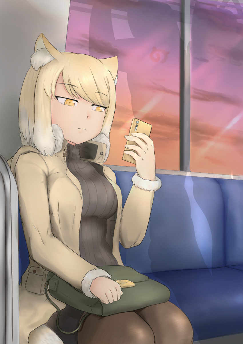 alternate_costume animal_ears arm_rest bag bangs blonde_hair cellphone closed_mouth coat collared_coat commentary_request contemporary expressionless eyebrows_visible_through_hair fox_ears fox_tail fur-trimmed_sleeves fur_collar fur_trim hand_up high_collar highres holding holding_phone japari_symbol john_(a2556349) kemono_friends long_sleeves medium_hair multicolored_hair open_clothes open_coat orange_eyes pantyhose phone pocket ribbed_sweater ringed_eyes shadow sitting skirt sky smartphone solo sweater swept_bangs tail tibetan_sand_fox_(kemono_friends) train_interior tsurime turtleneck turtleneck_sweater twilight two-tone_hair white_hair window