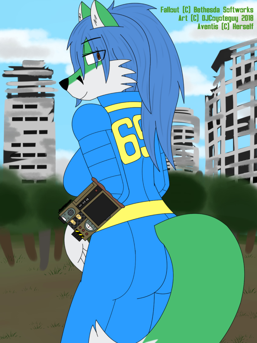 anthro aventis blue_hair breasts brown_eyes canine djcoyoteguy fallout female fox fur green_fur hair mammal outside post-apocalyptic skintight_suit smile solo thick_thighs video_games wasteland wide_hips