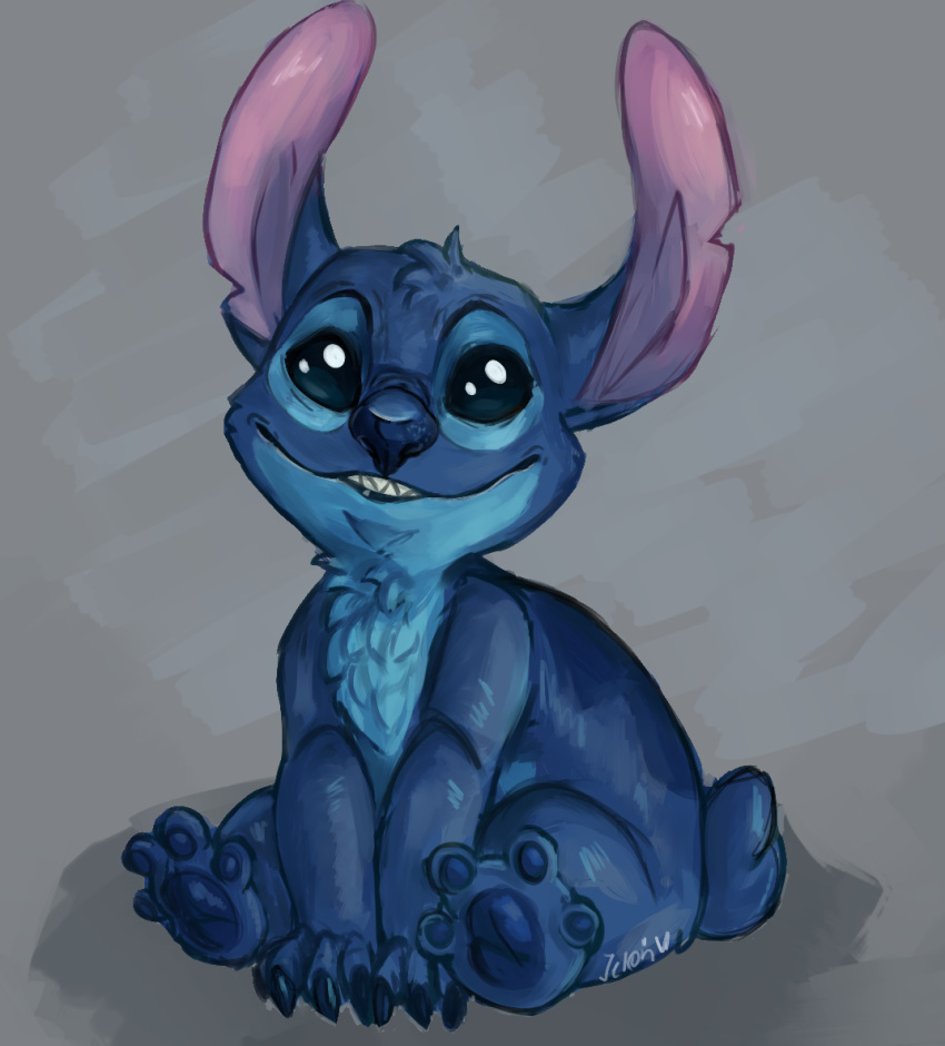 2018 4_fingers 4_toes alien back_markings blue_claws blue_eyes blue_fur blue_nose blue_pawpads chest_tuft claws digital_media_(artwork) digital_painting_(artwork) disney experiment_(species) fur grey_background head_tuft jelon-melon lilo_and_stitch looking_at_viewer markings notched_ear pawpads signature simple_background sitting small_tail smile solo stitch toes tuft