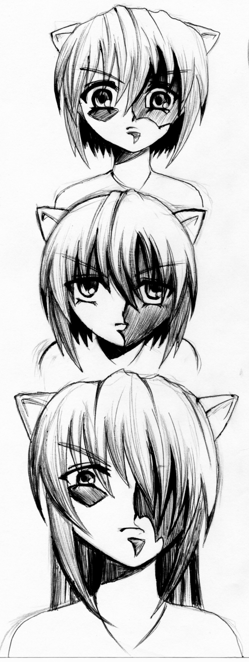 1girl age_progression diclonius elfen_lied horns long_hair looking_at_viewer lucy monochrome monster_girl short_hair