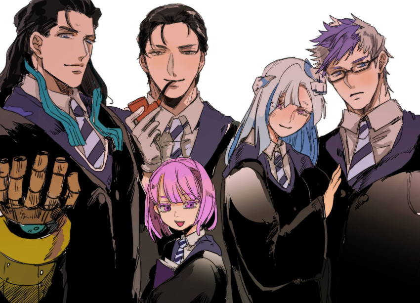 3boys black_hair blue_hair brynhildr_(fate) collared_shirt commentary fate/grand_order fate_(series) gauntlets glasses gloves harry_potter headpiece helena_blavatsky_(fate/grand_order) matching_outfit matimatio multicolored_hair multiple_boys multiple_girls necktie nikola_tesla_(fate/grand_order) pink_eyes pink_hair pipe pipe_in_mouth purple_hair ravenclaw robe sherlock_holmes_(fate/grand_order) shirt sigurd_(fate/grand_order) two-tone_hair white_hair