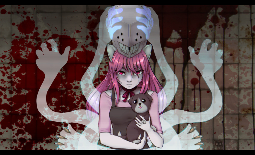 animal blood bow diclonius dog elfen_lied helmet horns long_hair looking_at_viewer lucy lucy's_puppy monster_girl pink_hair puppy red_eyes vectors