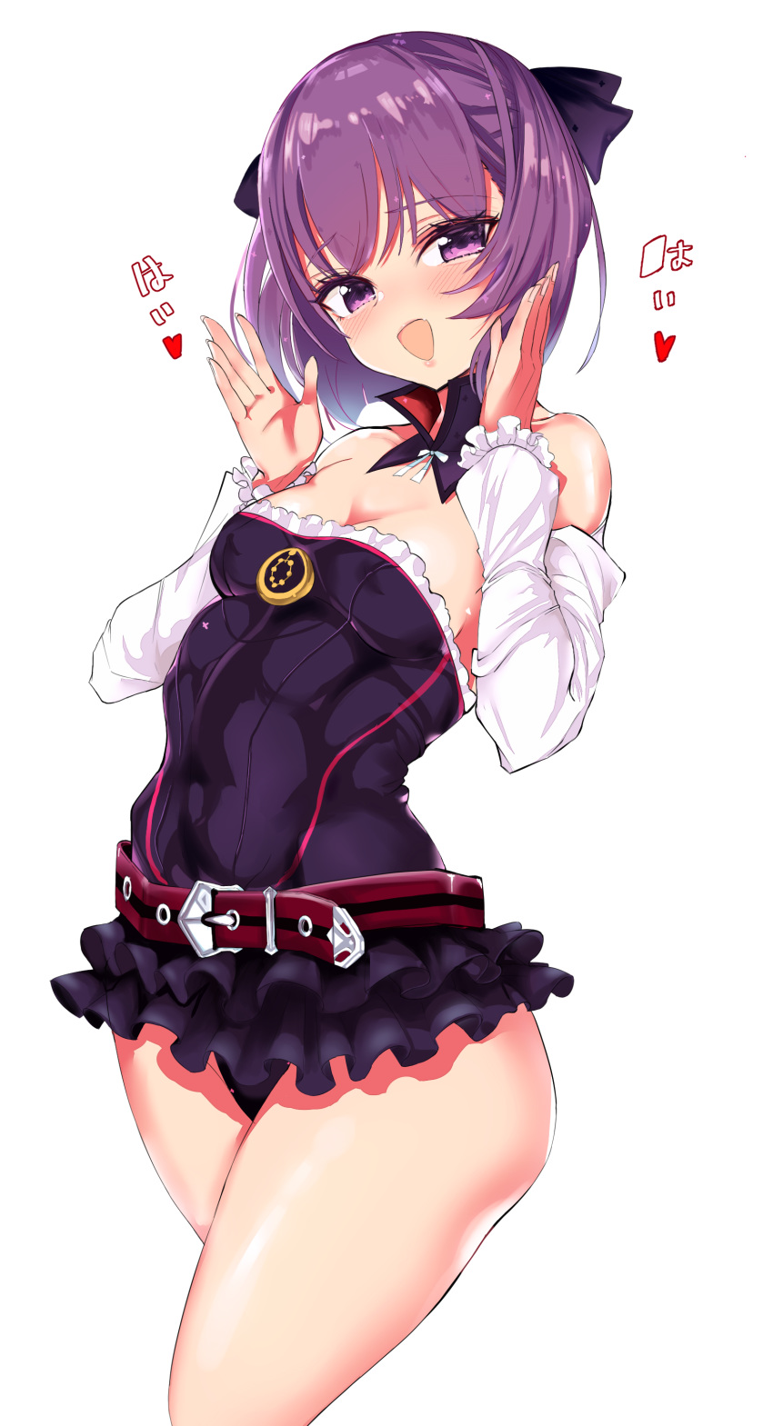 1girl :d absurdres bangs bare_shoulders belt blush breasts cleavage covered_navel detached_sleeves dress fafas68 fate/grand_order fate_(series) frills hair_ribbon helena_blavatsky_(fate/grand_order) highres looking_at_viewer open_mouth panties purple_dress purple_eyes purple_hair purple_panties ribbon short_hair simple_background smile solo underwear white_background