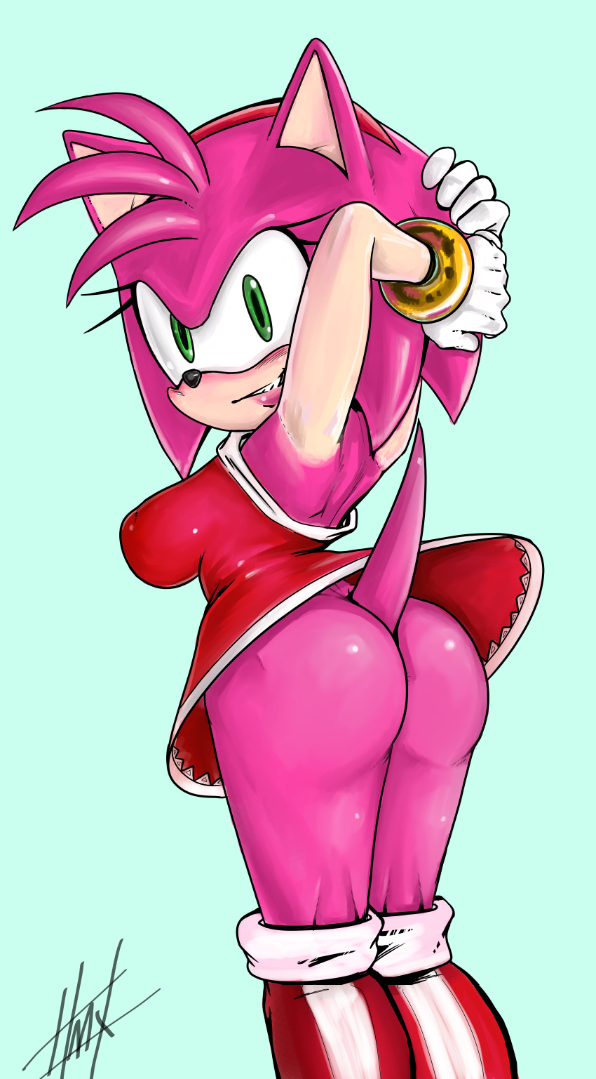absurd_res amy_rose anthro blush boots bracelet bubble_butt butt butt_pose clothed clothing dress female footwear gloves green_eyes grin hairband hands_behind_head hedgehog hi_res hmx_(artist) jewelry lipstick looking_at_viewer looking_back makeup mammal nipple_bulge no_underwear presenting raised_arm smile solo sonic_(series) superabsurd_res teasing upskirt