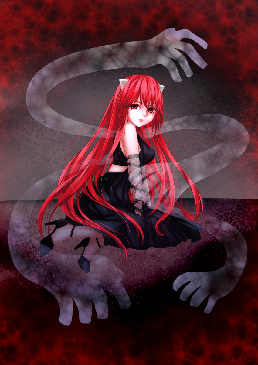 1girl black_dress diclonius dress elfen_lied horns long_hair lucy monster_girl red_eyes red_hair vectors