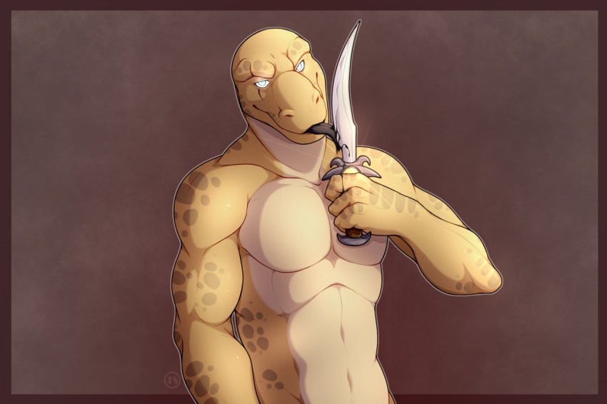 2018 4_fingers anthro black_blood blood blue_eyes claws dagger digital_media_(artwork) hi_res humanoid ismar lizard looking_at_viewer male melee_weapon nightcrauzer nude reptile scales scalie smile solo tongue tres-art weapon