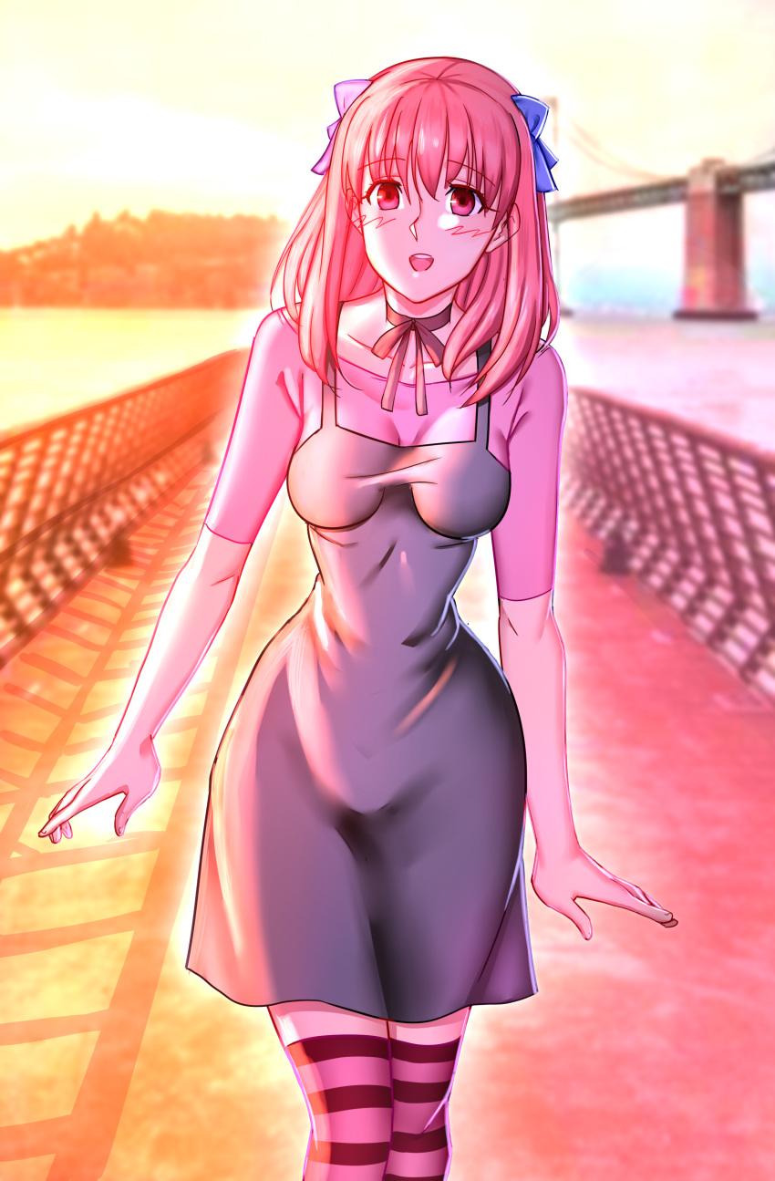 1girl breasts bridge cleavage diclonius dusk elfen_lied long_hair looking_at_viewer nyuu pink_eyes pink_hair ribbon smile water