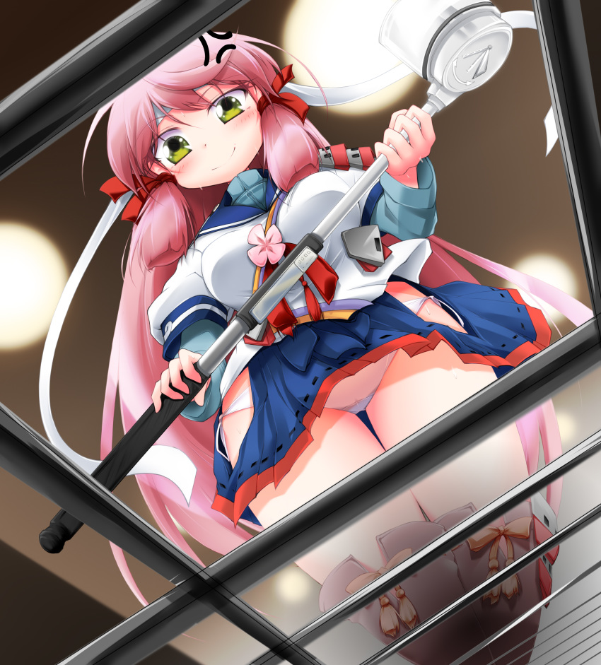 akashi_(kantai_collection) anbee_(arary) anger_vein angry armor bandana blue_skirt blush breasts commentary_request from_below green_eyes hair_ribbon highres hip_vent kantai_collection long_hair long_sleeves looking_down panties pantyshot pink_hair pleated_skirt ribbon school_uniform serafuku skirt smile solo standing thighhighs thighs tress_ribbon underwear upskirt