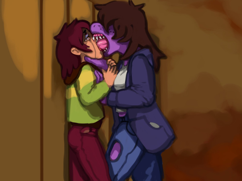 anthro blood deathheadmoth00 deep_kiss deltarune female human kris_(deltarune) long_tongue mammal open_mouth purple_skin reptile scalie sharp_teeth standing susie_(deltarune) teeth tongue