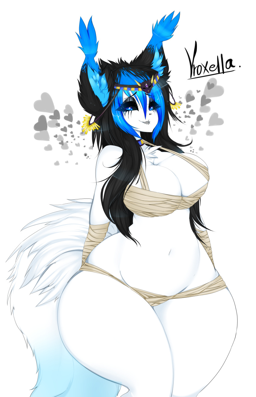 &lt;3 bandage belly blue_eyes breasts caracal chest_tuft egyptian feline female fur hair hi_res inner_ear_fluff makeup mammal navel nude piercing solo thick_thighs tongue tuft voluptuous vroxella_(artist) vroxella_(character) white_fur