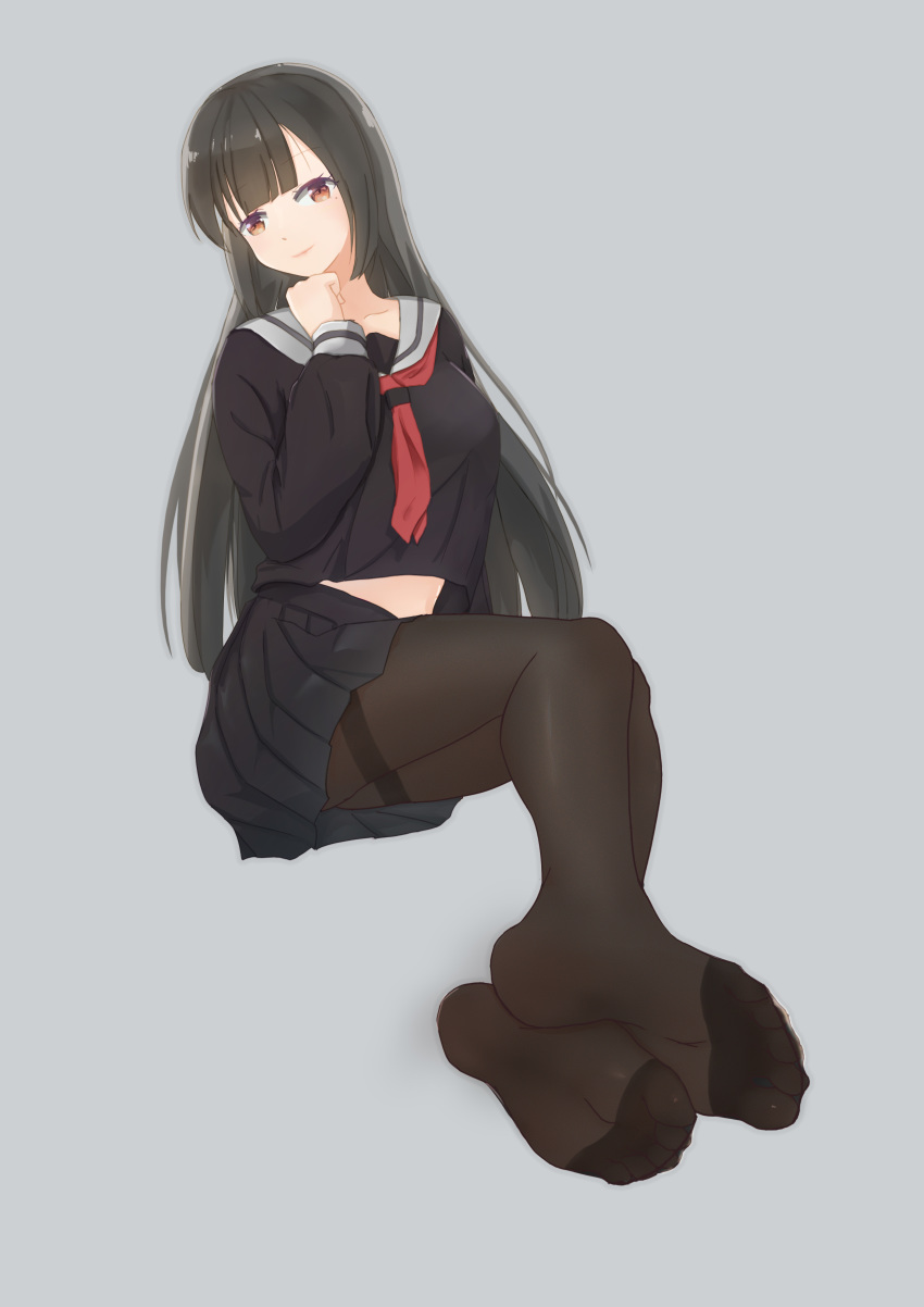 1girl absurdres beauty_mark black_hair brown_eyes feet highres long_hair looking_at_viewer pantyhose school_uniform serafuku smile soles toes