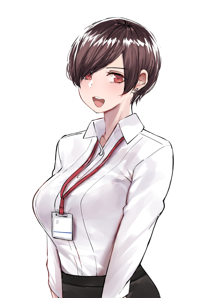 :d arms_at_sides breasts brown_hair earrings highres id_card jewelry lanyard large_breasts norman_maggot office_lady ol-chan_(norman_maggot) open_mouth original pencil_skirt red_eyes shirt short_hair skirt smile solo standing upper_body white_background white_shirt