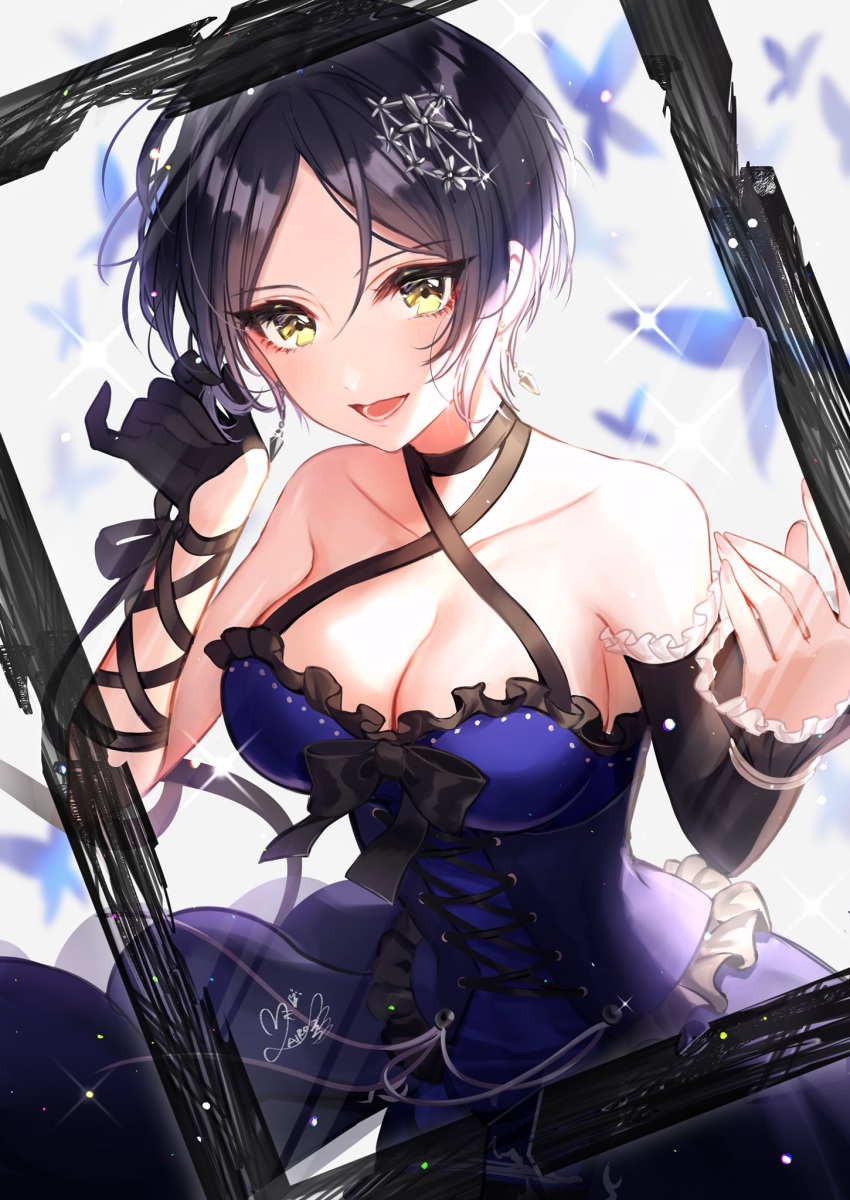arm_ribbon black_frills black_ribbon blue_dress blue_hair breasts bug butterfly cleavage commentary_request criss-cross_halter detached_sleeves dress earrings frame frilled_dress frilled_sleeves frills gloves hair_ornament_request hair_ribbon half_gloves halterneck hayami_kanade highres idolmaster idolmaster_cinderella_girls ilo insect jewelry large_breasts looking_at_viewer open_mouth ribbon short_hair signature solo sparkle twitter_username yellow_eyes